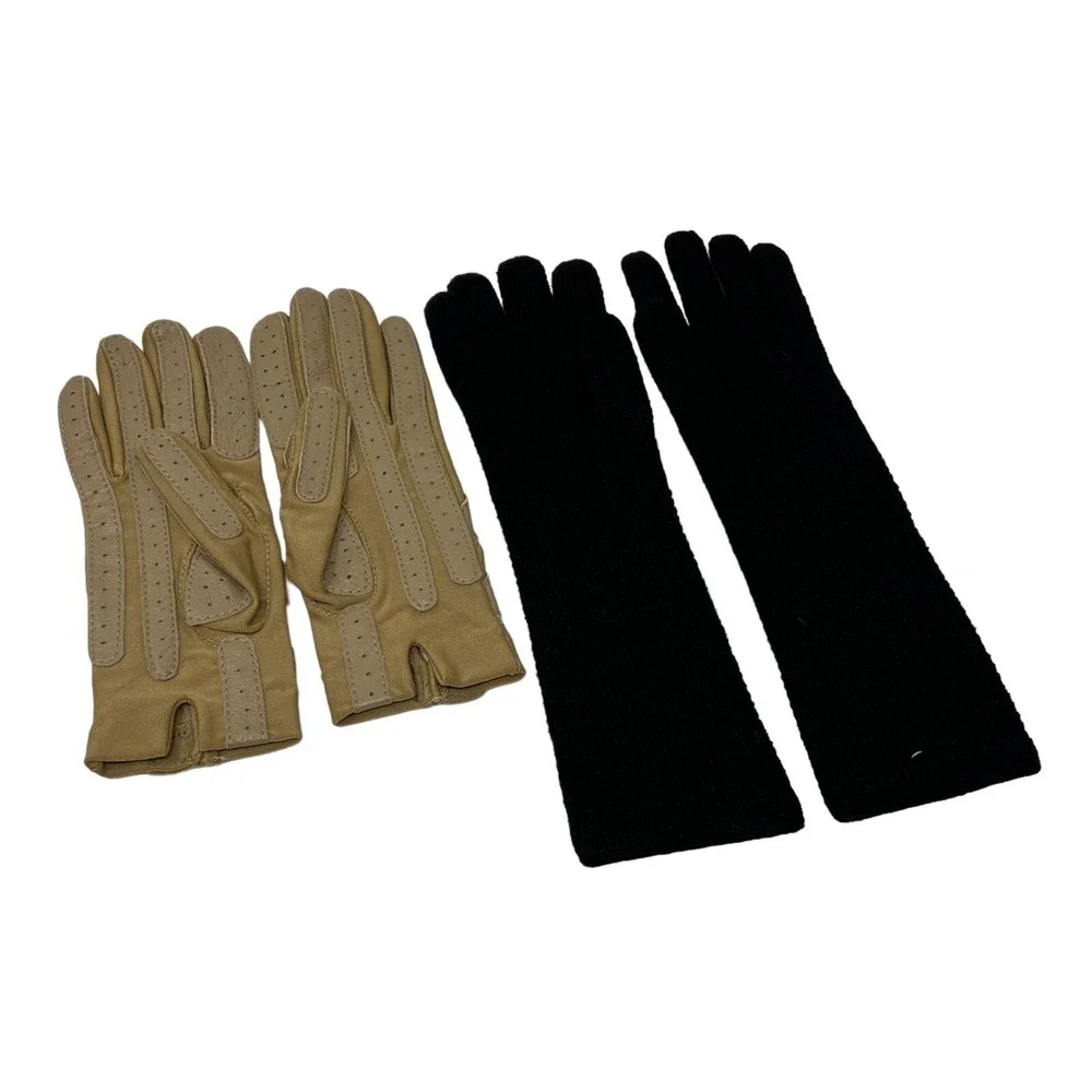 Womens Vintage Gloves Two Pair Tan‎ Faux Leather and Black Knit Size S-M